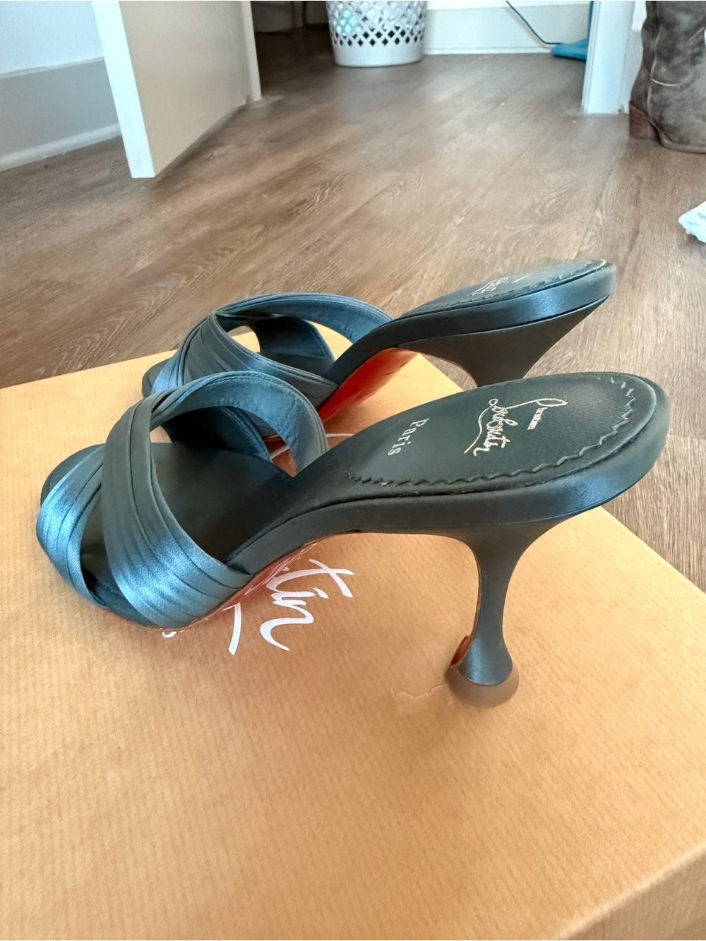 Christian Louboutin Black Satin Crisscross Slide Heels with Red Sole